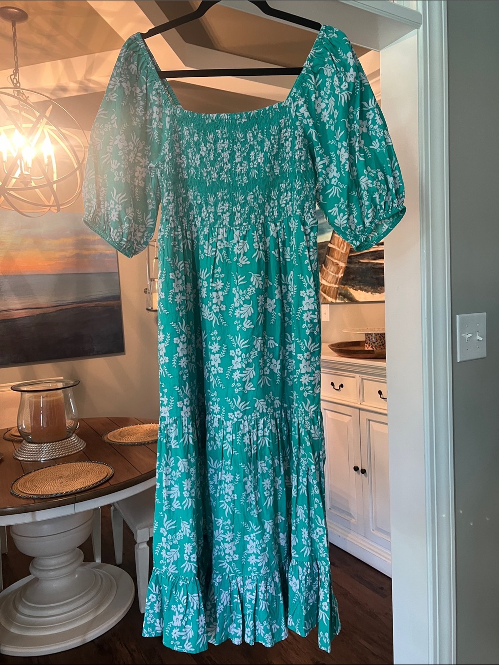 THML Teal and White Floral Smocked Maxi Dress